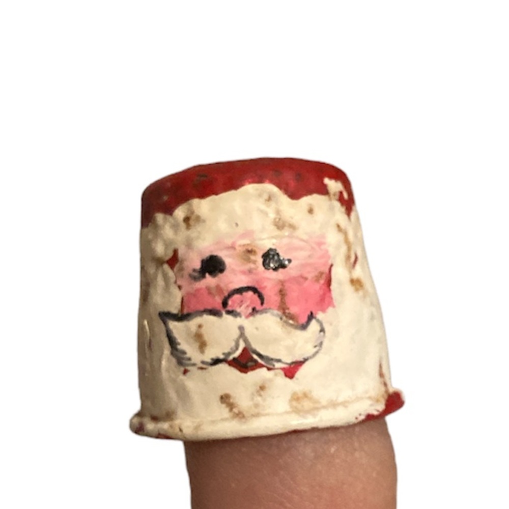 Vintage Silver-tone Metal Sewing Thimble With Hand Painted Santa Claus